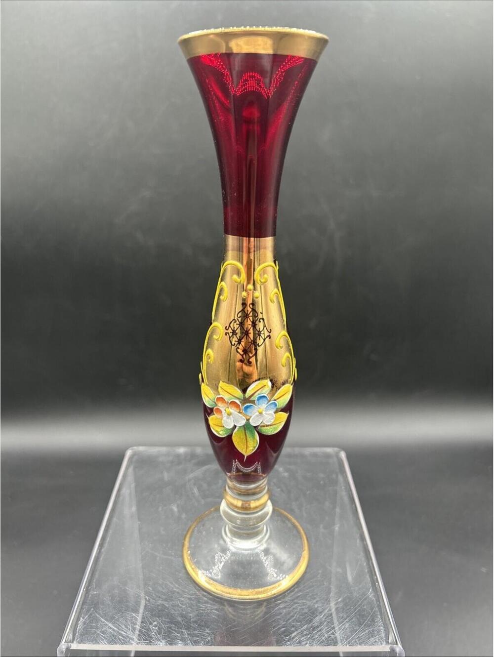 Vintage Czech Bohemian Hand Painted & Gilded Red Glass Vase 8”